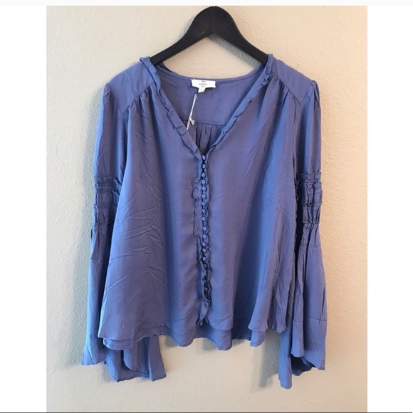 Slate Blue Button Down Bell Sleeve Top - Picture 3 of 3